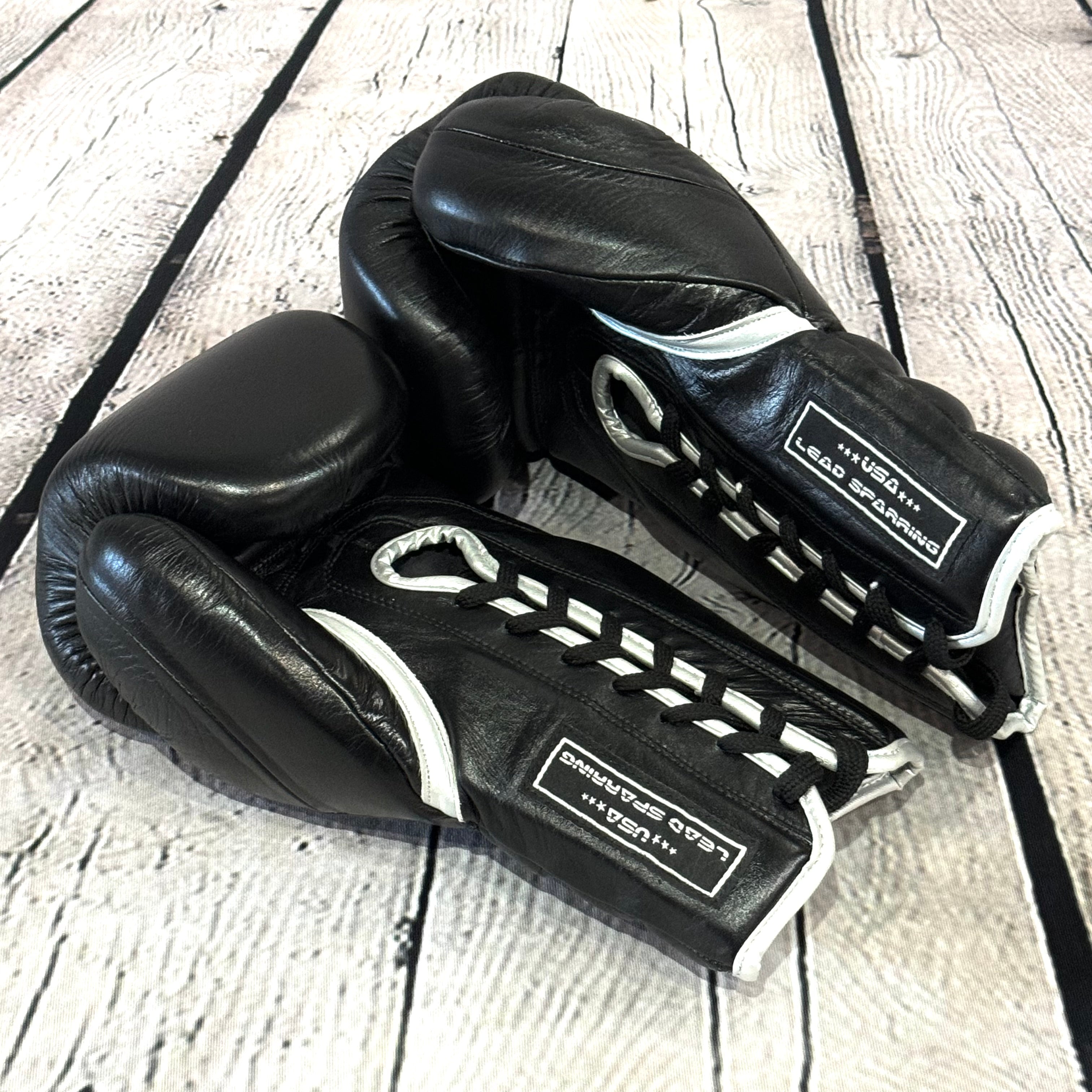 LEAD Sparring Gloves Laced  (Black - Silver  Logo )