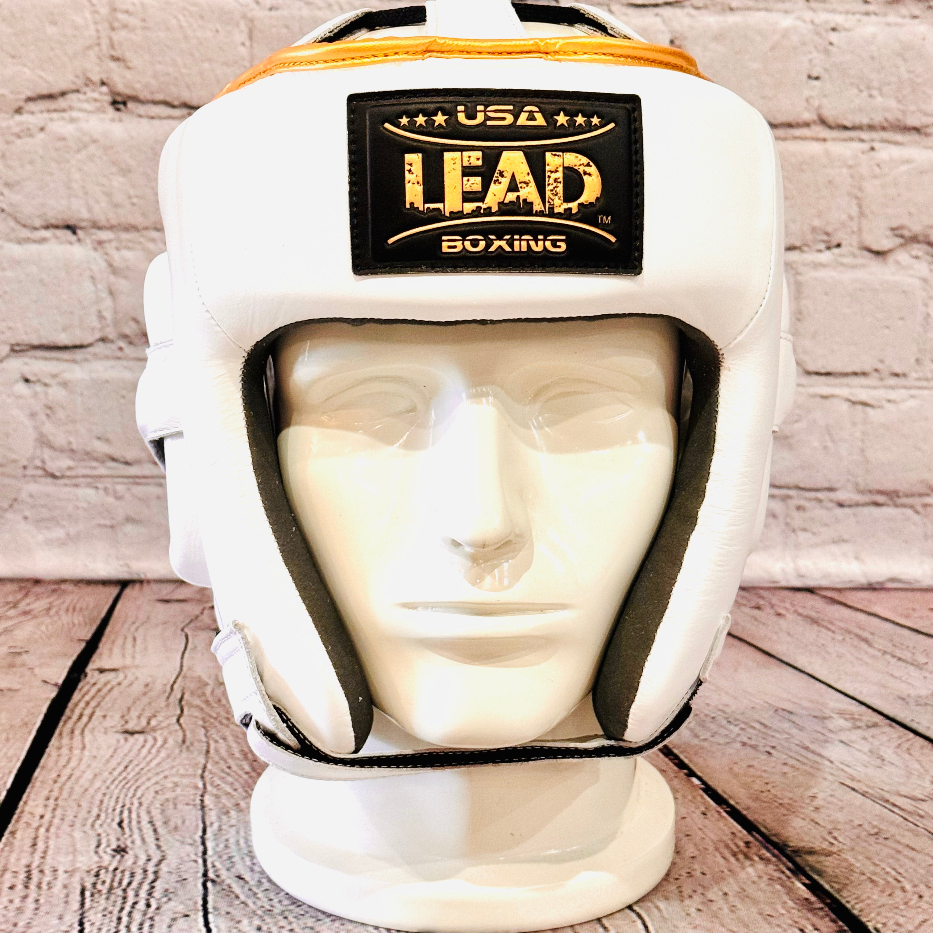 LEAD Open Face Headgear (White - Gold Logo)