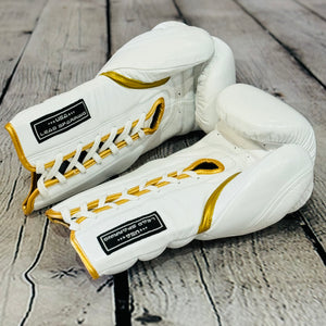 LEAD Sparring Gloves Laced  (WHITE-Gold Logo )