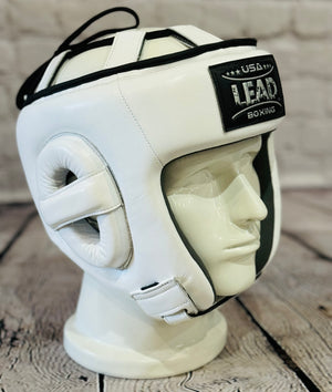 LEAD  OPEN-FACE  HEADGEAR (White w/ Black&Silver Logo)