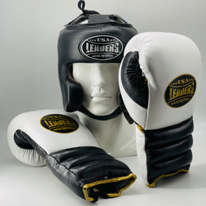 Elite Sparring  Boxing Gloves + FaceSaver Headgear (Black /White/ Gold )