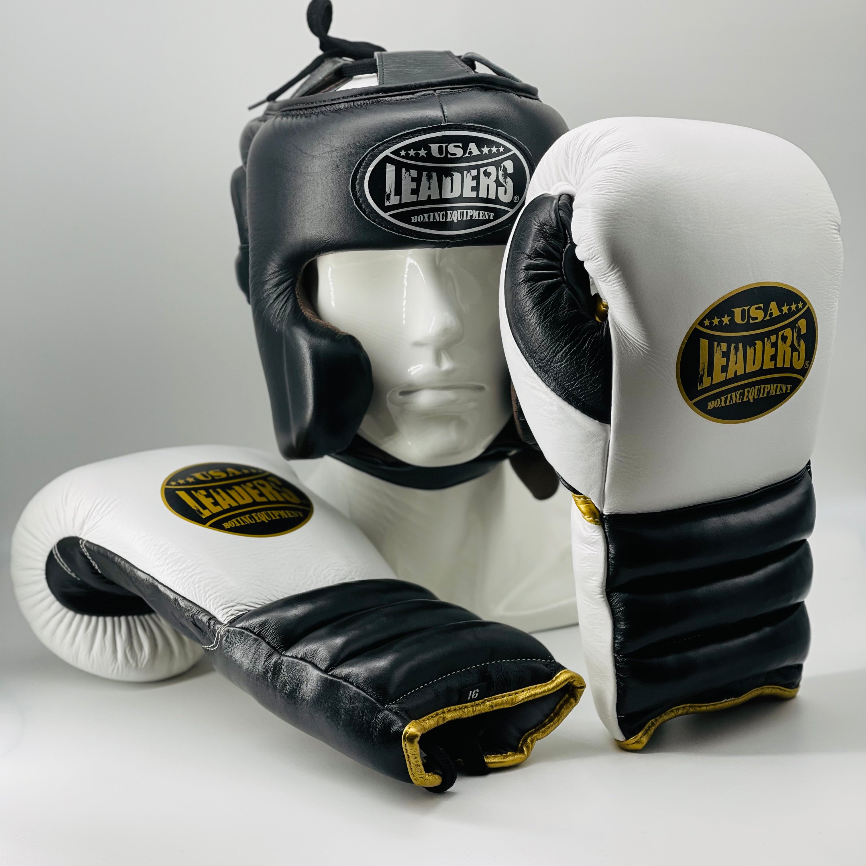 Elite Sparring  Boxing Gloves + FaceSaver Headgear (Black /White/ Gold )