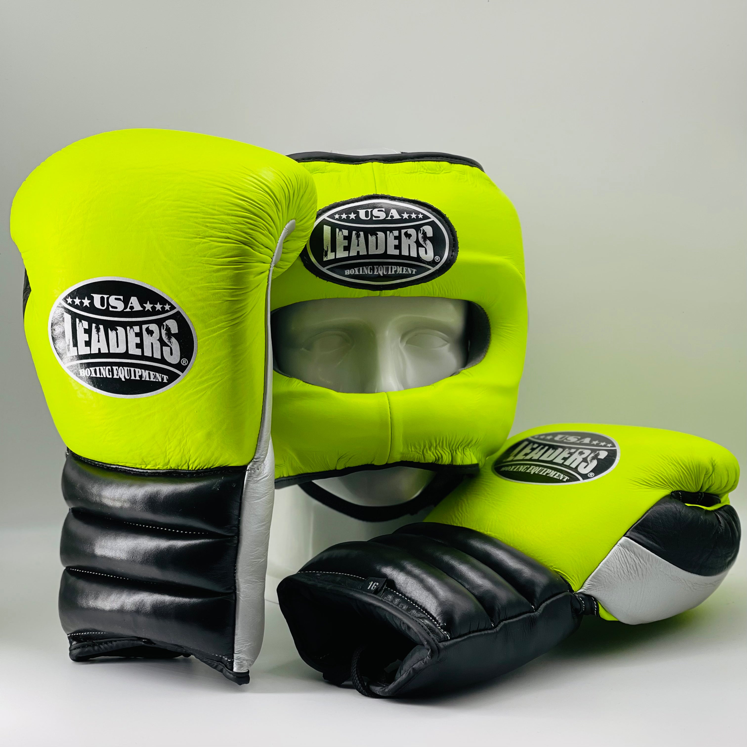 Elite Sparring Boxing Gloves + FaceSaver Headgear (Neon Green /Black/Silver)