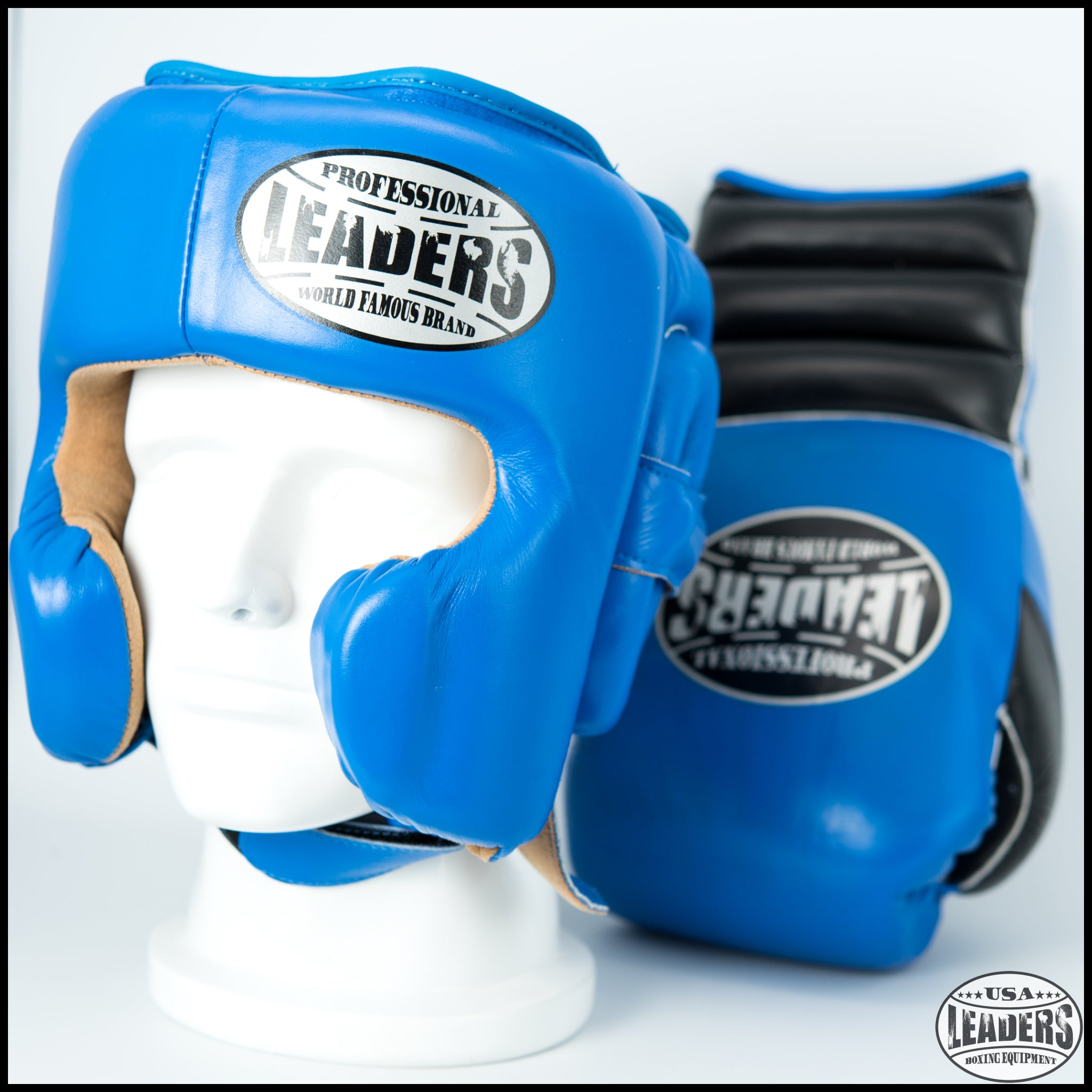 Elite Pro Style Boxing Gloves + Headgear (Blue-Black)